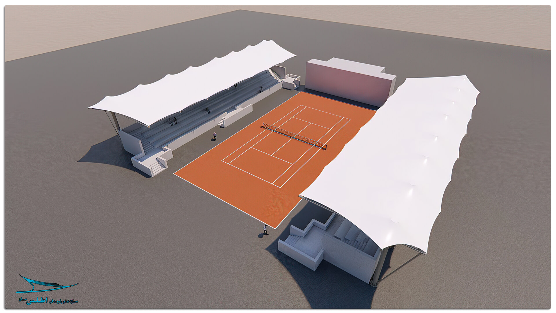 رندر سازه پارچه ای سقف استادیوم تنیس کیش | شرکت سازه پارچه ای اطلس سان