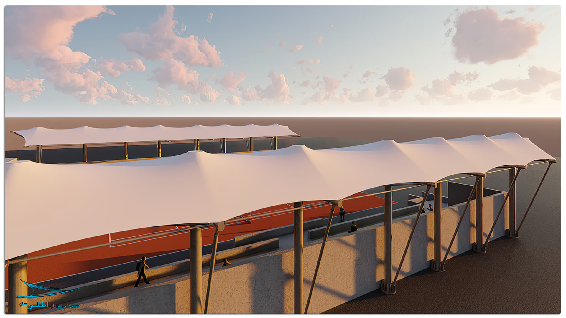 رندر و مدل سازی سه بعدی سازه پارچه ای سقف استادیوم تنیس کیش | سازه پارچه ای اطلس سان