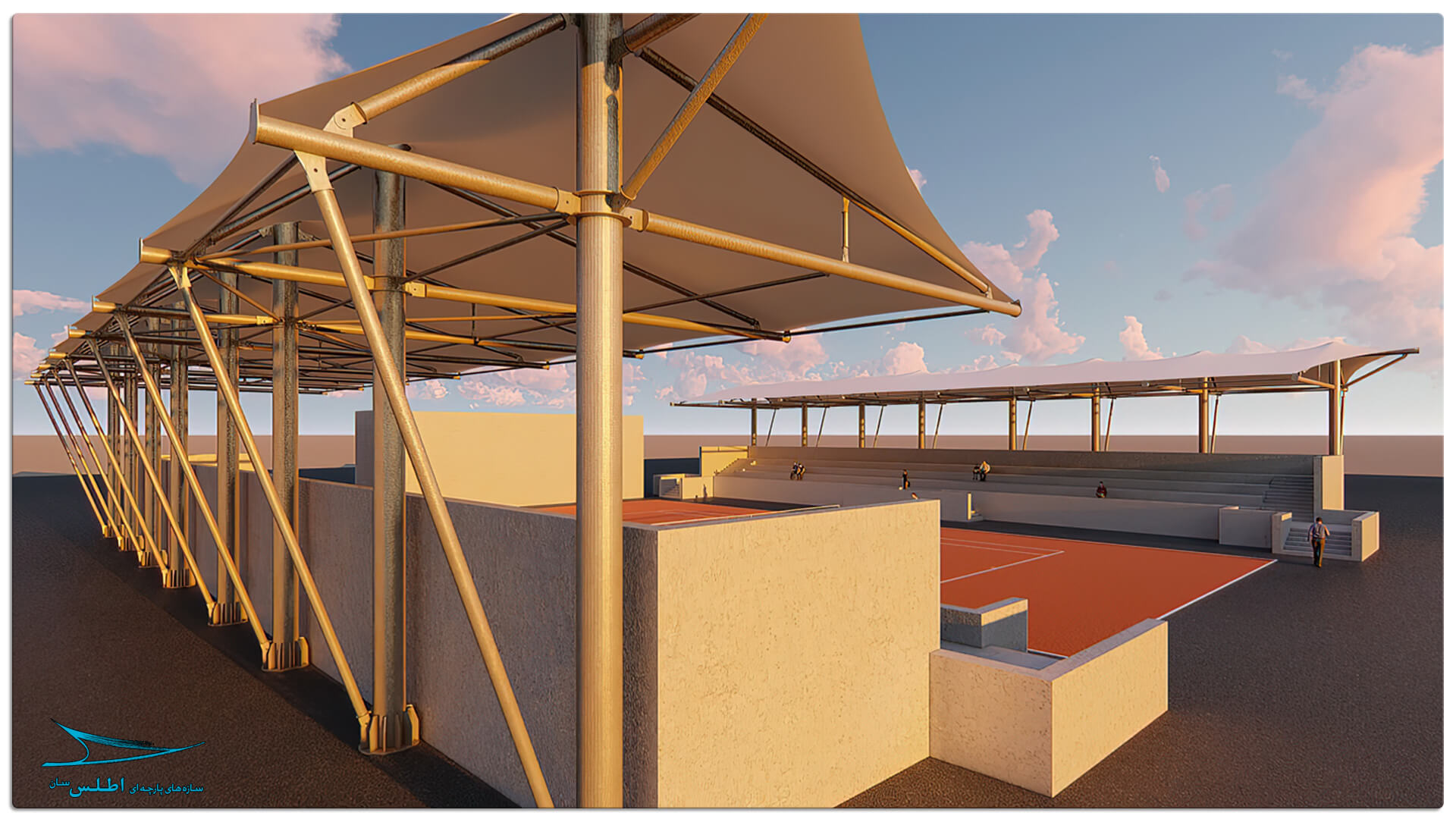 رندر سازه پارچه ای سقف استادیوم تنیس کیش | شرکت سازه پارچه ای اطلس سان