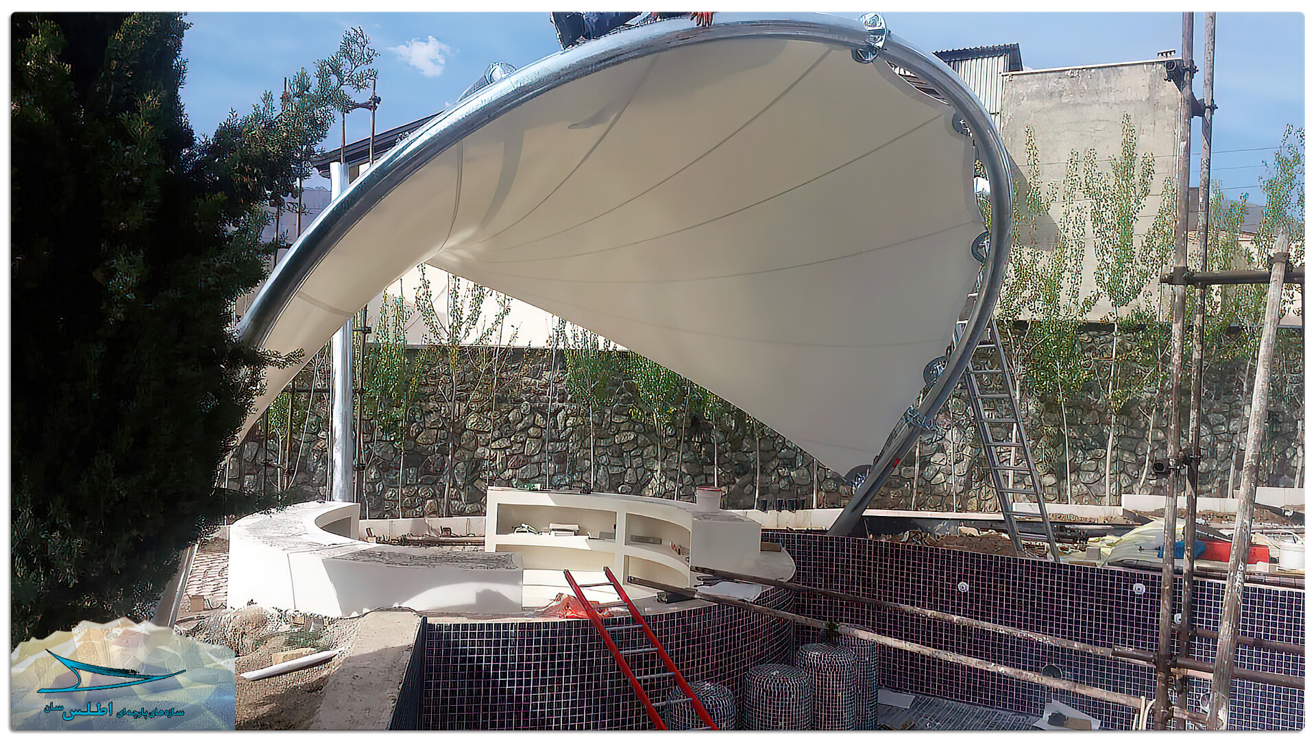 پوشش گالوانیزه گرم اسکلت فلزی سایبان پارچه ای ویلا لواسان | سازه پارچه ای اطلس سان